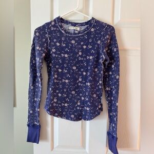 Free People Blue Floral Ribbed Long-Sleeve Top